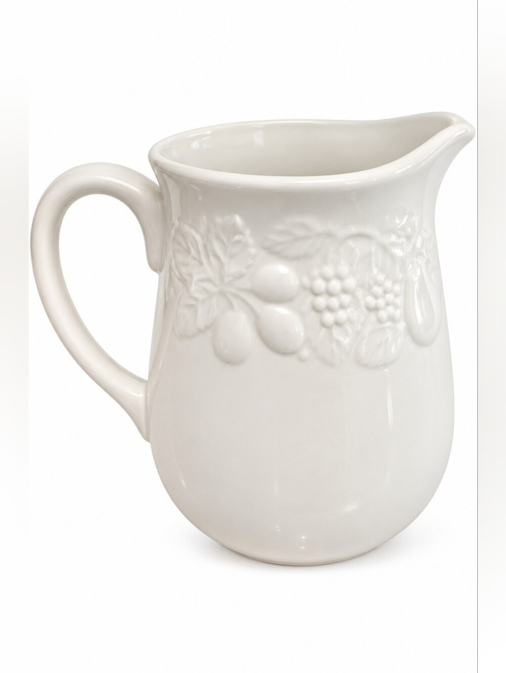 Gibson Designs White Embossed Fruit Stoneware Pitcher Farmhouse Cottagecore